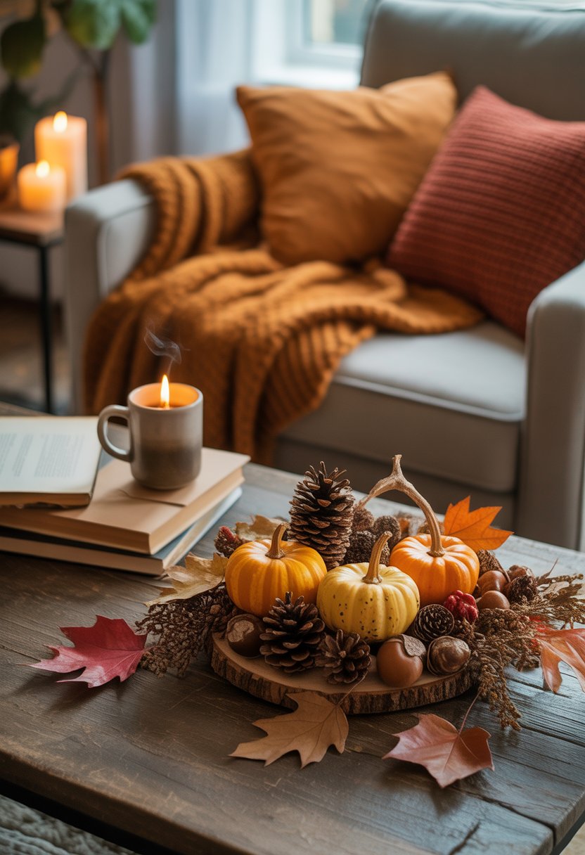 A cozy indoor scene with fall decorations including pumpkins, dried leaves, pinecones, a knitted blanket on an armchair, a mug on a wooden table, and soft natural light coming through a window.