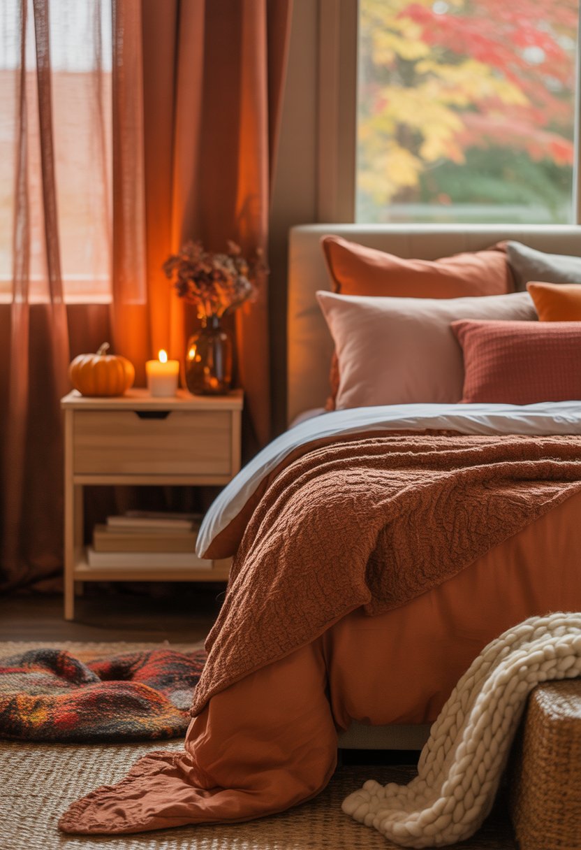 A warmly lit bedroom with a bed covered in blankets and pillows, a nightstand with a candle and pumpkin, and a window showing colorful fall leaves outside.