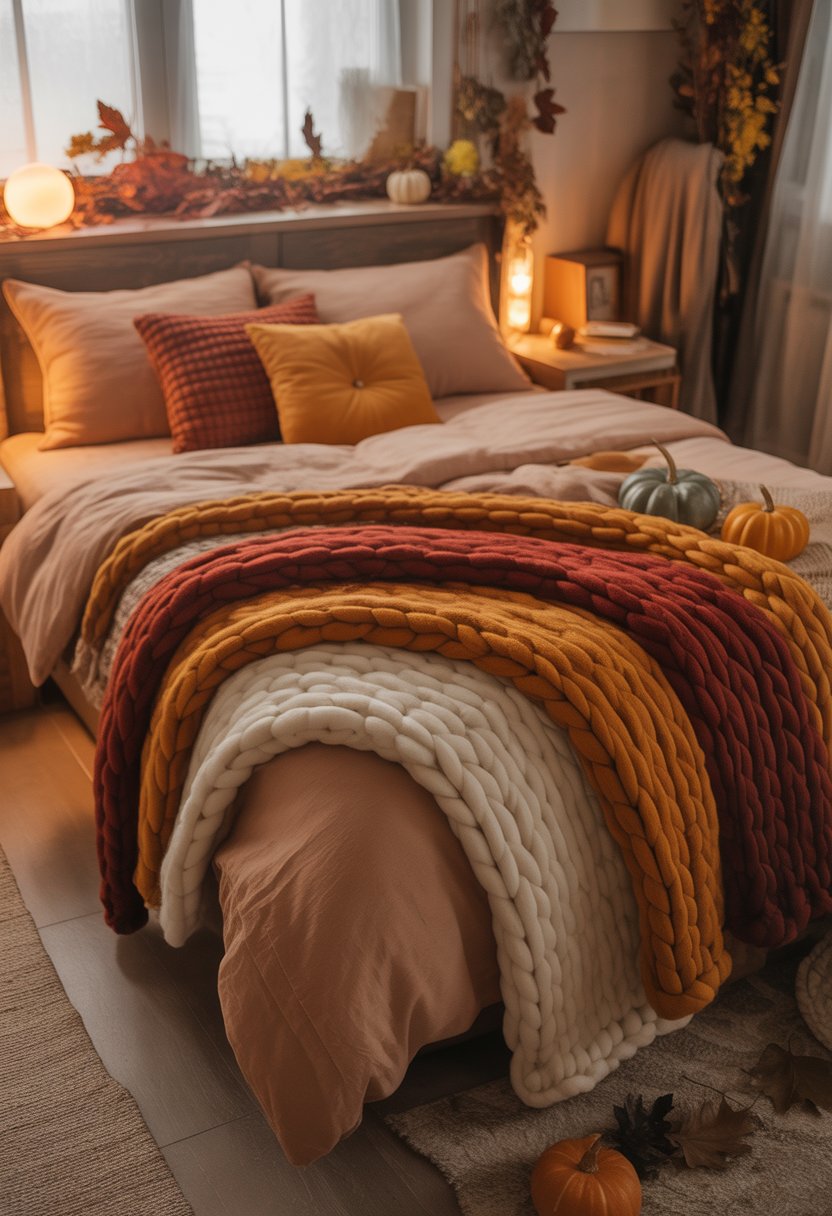 A cozy bedroom with a bed covered in chunky knit throw blankets and warm autumn colors, with soft lighting and fall decor.