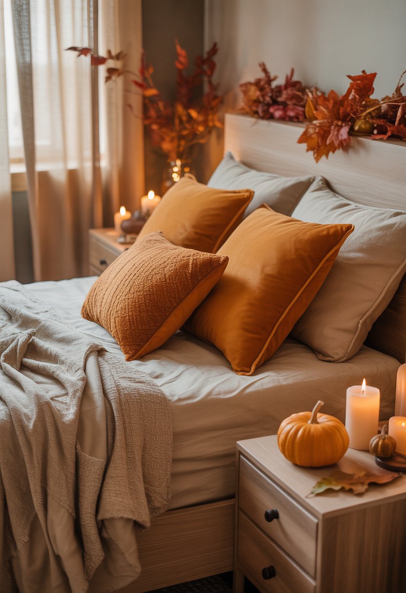 A bedroom with a neatly made bed featuring burnt orange and mustard pillows, warm blankets, and autumn-themed decorations like pumpkins and candles.