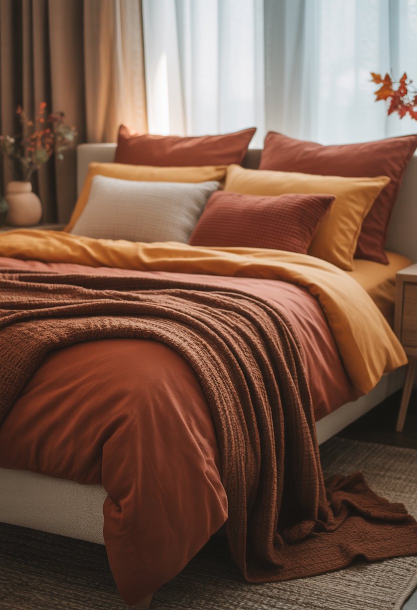 A neatly made bed with soft flannel sheets and pillows in warm fall colors, with natural light coming through a window and autumn decor on a bedside table.
