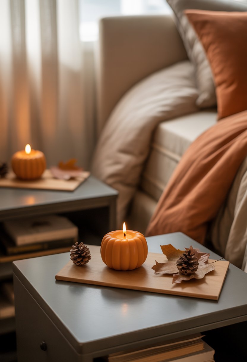A bedroom with two nightstands, each holding a pumpkin-shaped candle, warm bedding, and autumn decorations.