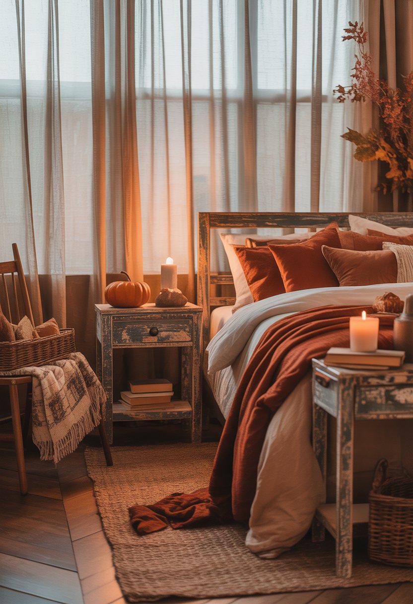 A cozy bedroom with a bed, distressed wood furniture, warm autumn colors, and soft natural lighting.