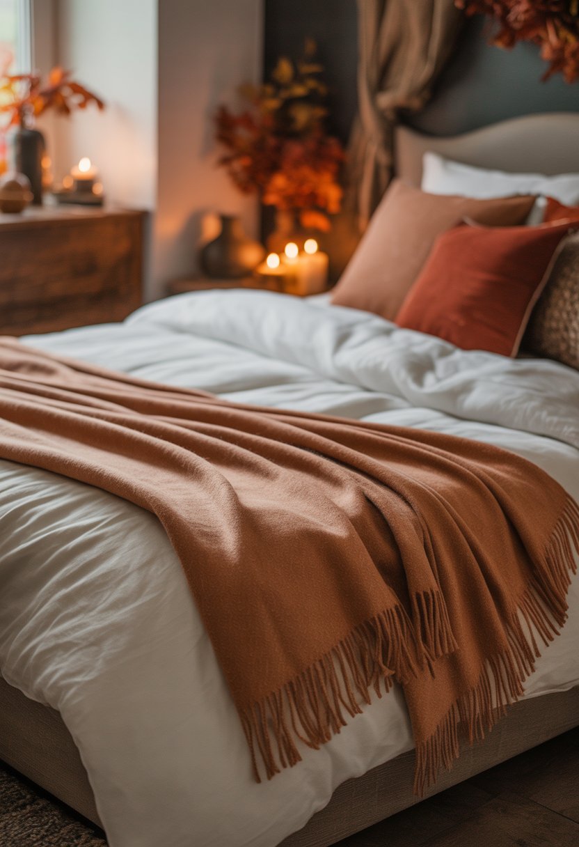 A bed with a wool throw draped at the foot in a warmly lit bedroom with fall-themed decor.
