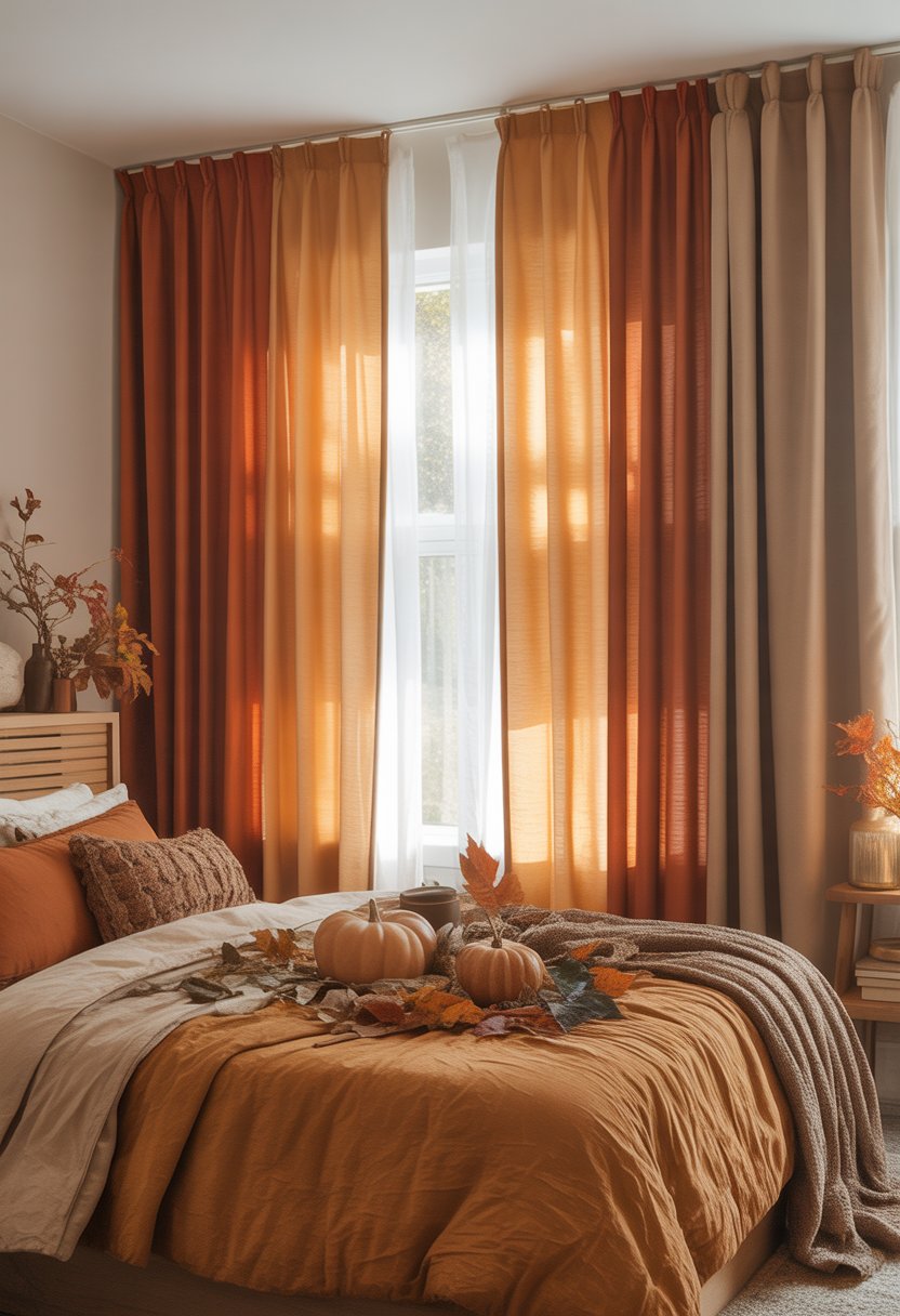 A bedroom with warm earth-tone drapes, wooden furniture, cozy bedding, and autumn-themed decor with soft natural light coming through the window.