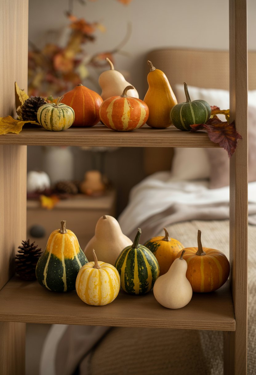 A collection of small gourds displayed on wooden shelves with autumn decorations in a bedroom setting.
