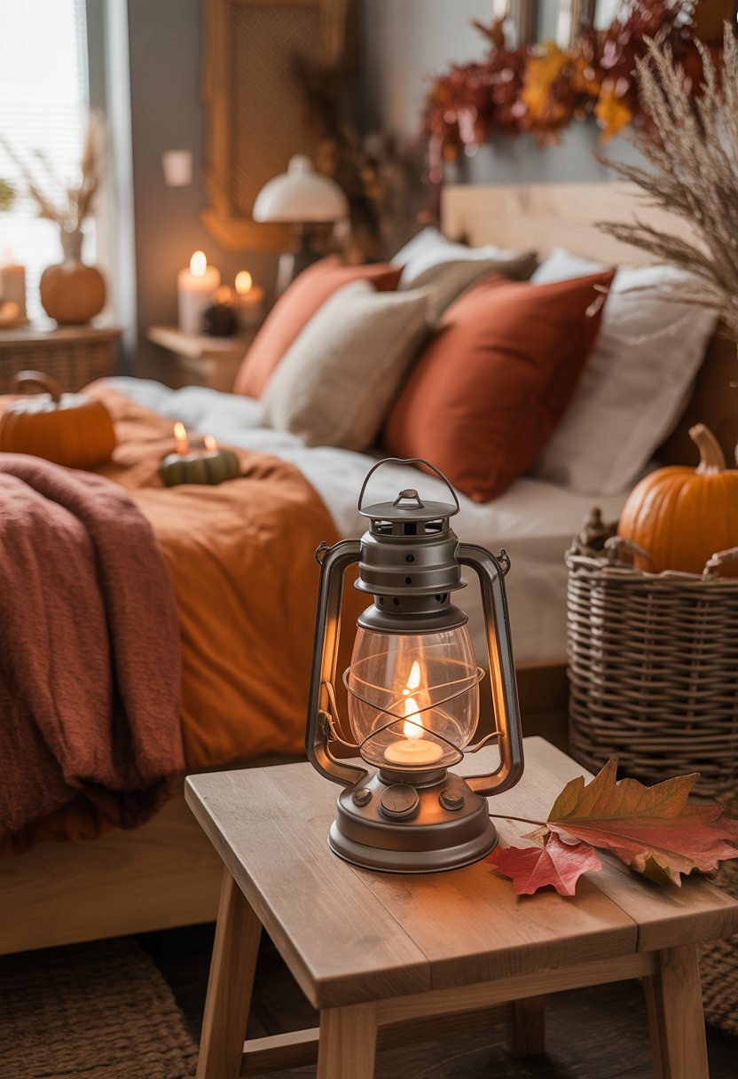 A cozy bedroom with warm lighting, a rustic metal lantern on a bedside table, and autumn-themed decorations.