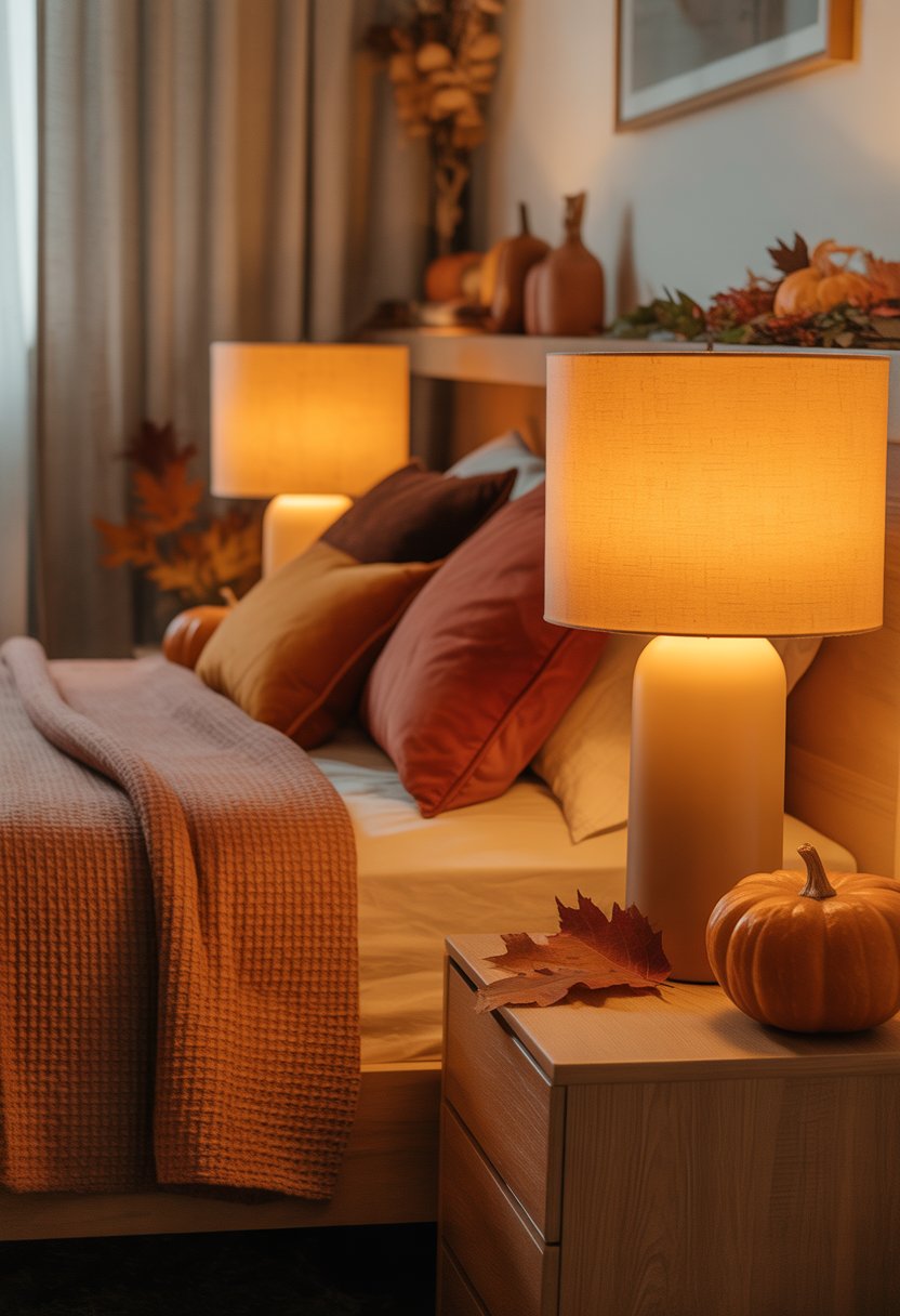 A bedroom with a bed, warm amber bedside lamps, and autumn-themed decorations creating a cozy atmosphere.