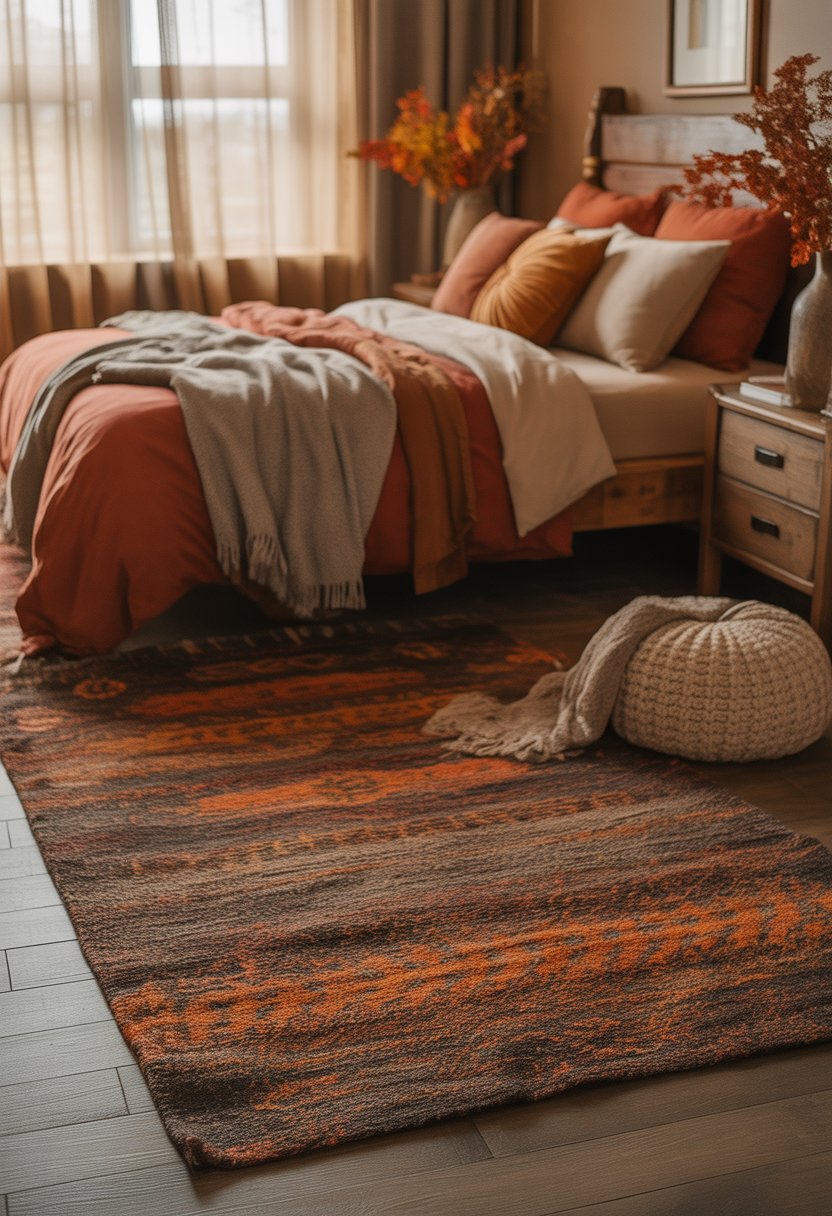 A cozy bedroom with a textured brown and orange rug, a bed with warm bedding, wooden furniture, and soft natural light.