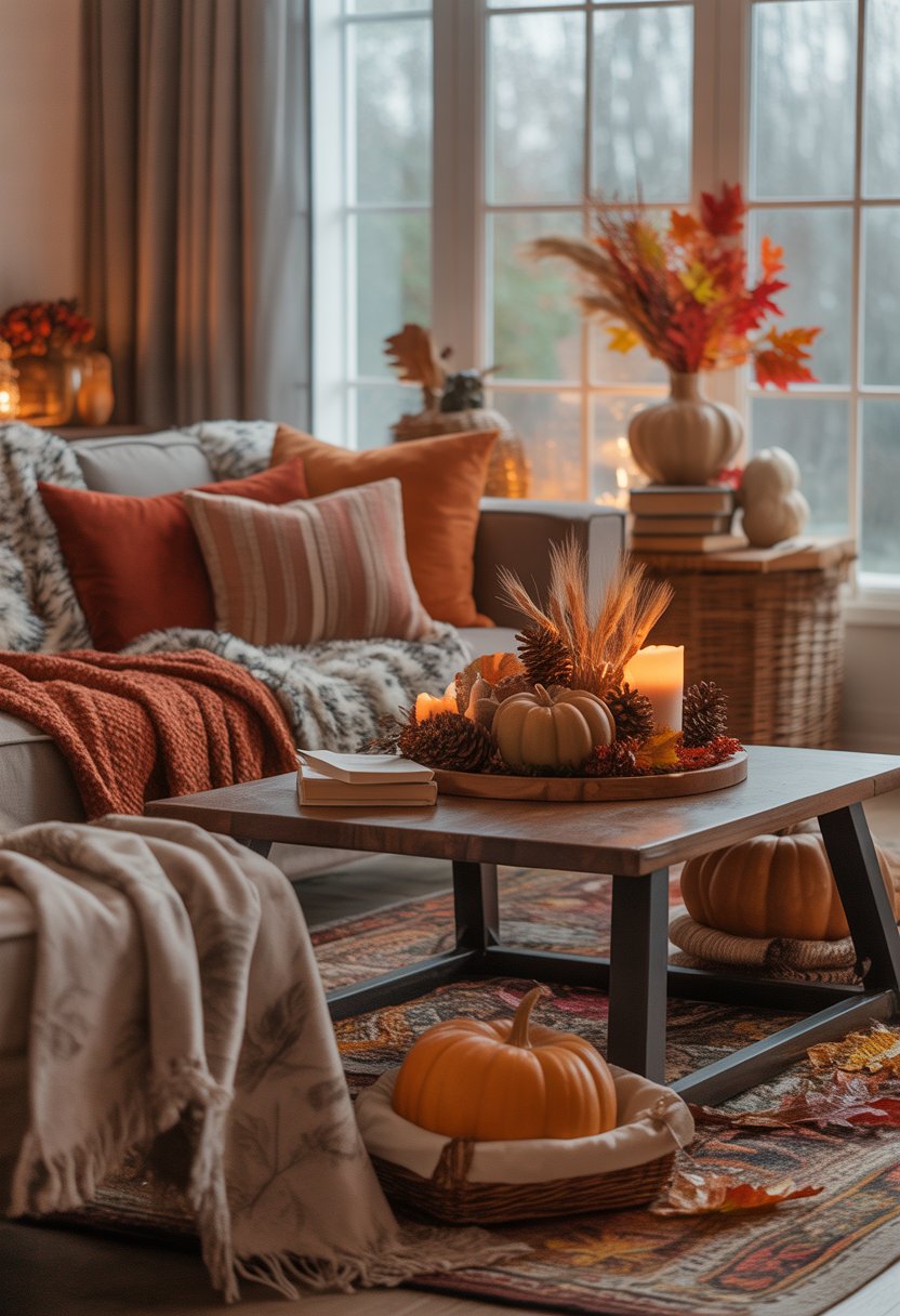 A living room decorated with fall-themed items including pumpkins, pillows, blankets, and candles creating a warm and cozy atmosphere.