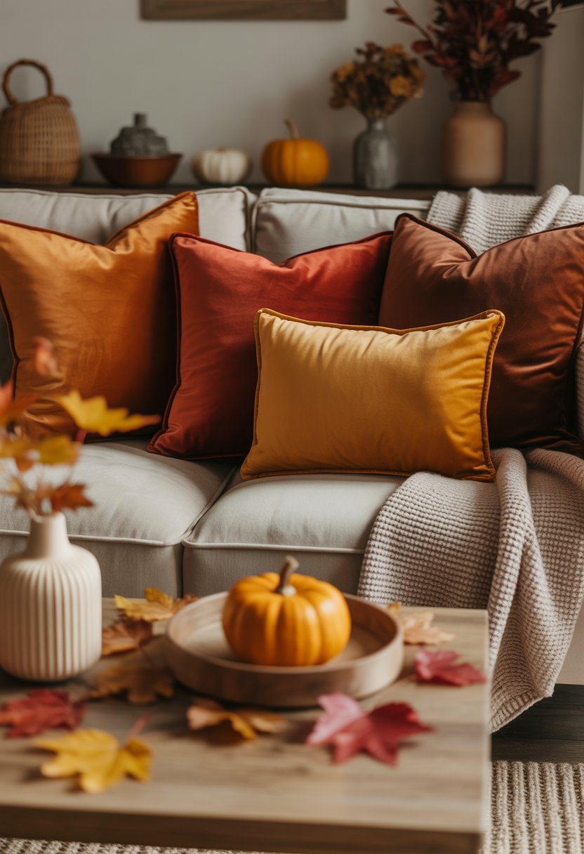 A living room with a sofa decorated with warm-colored velvet pillows and fall-themed decorations including pumpkins and dried flowers.