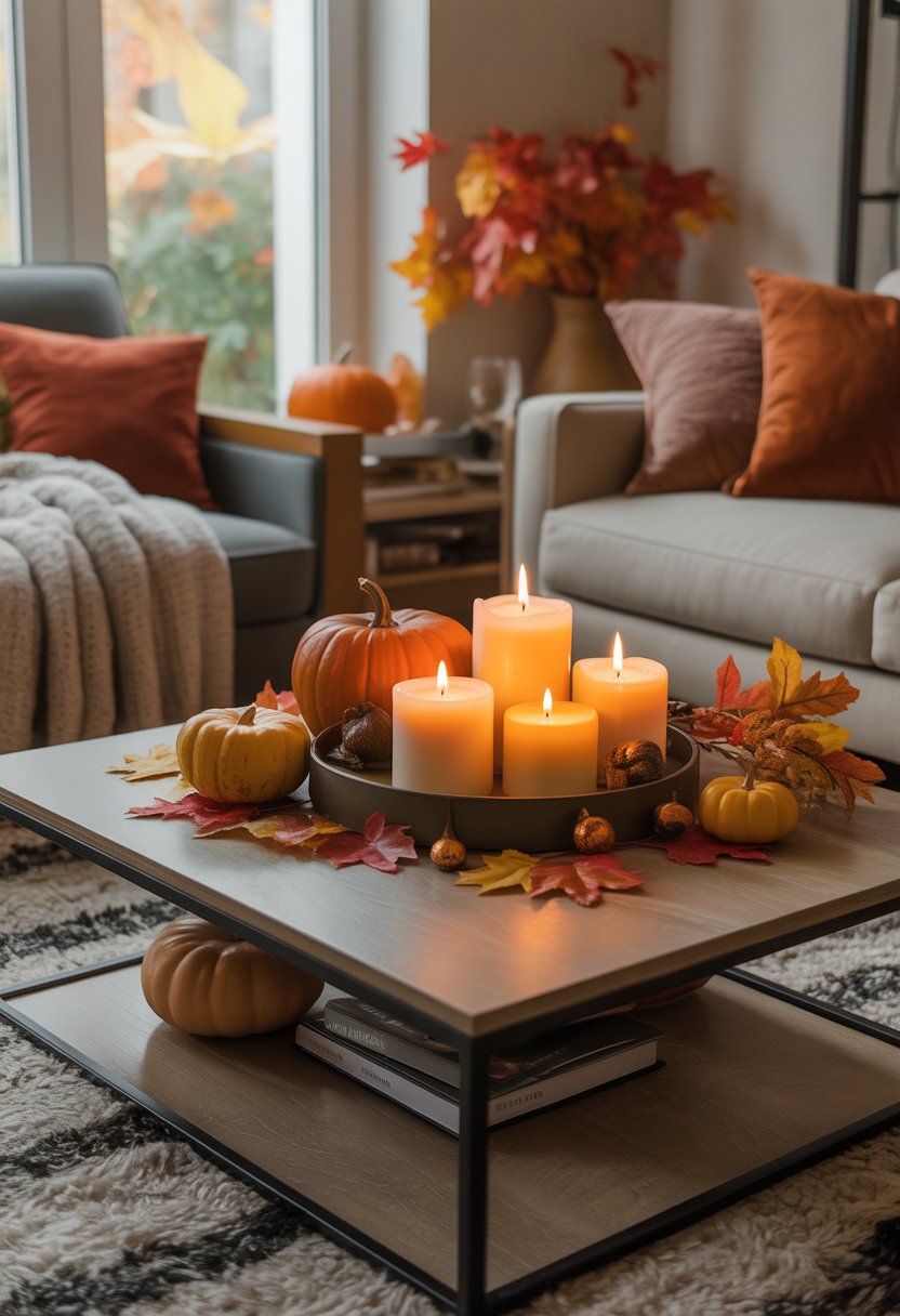 A living room with a coffee table decorated with pumpkin-scented candles, small pumpkins, fall leaves, and a cozy throw blanket on an armchair nearby.