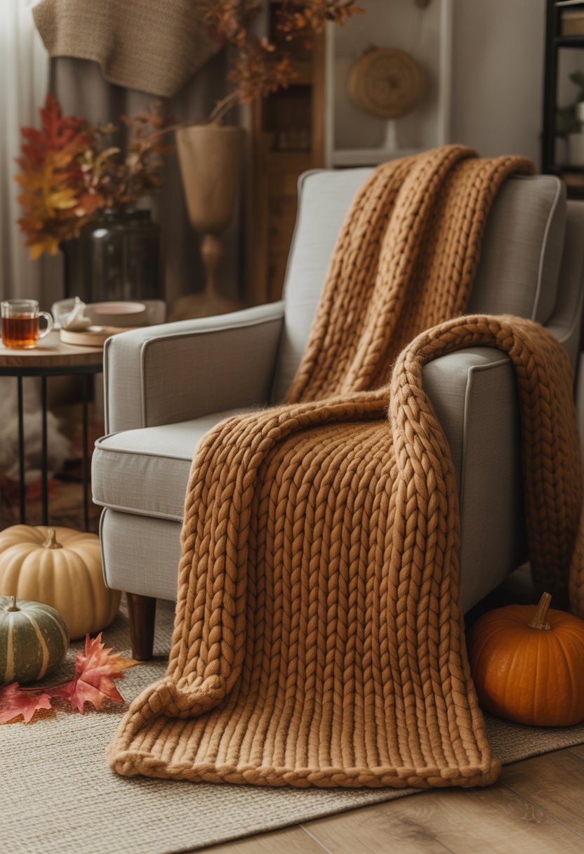 An armchair with a chunky knit throw blanket draped over it in a living room decorated with fall-themed items like pumpkins and dried leaves.