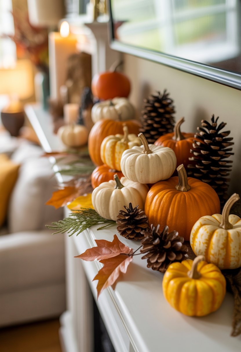 Fireplace mantel decorated with mini pumpkins and pinecones in a cozy living room.