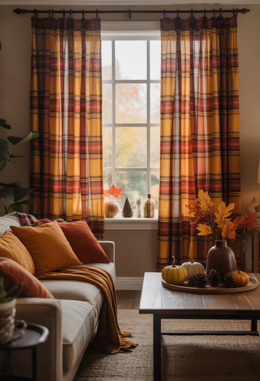 Living room with plaid curtains in autumn colors hanging on a window, warm natural light, a sofa with fall-themed pillows, and seasonal decorations on a coffee table.