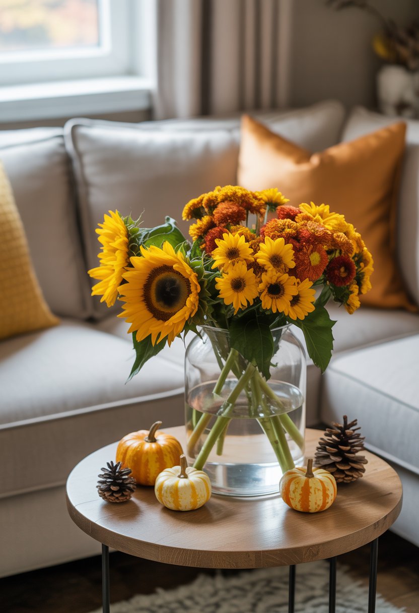 A living room corner with a vase of fresh sunflowers and mums on a wooden table surrounded by autumn decorations.