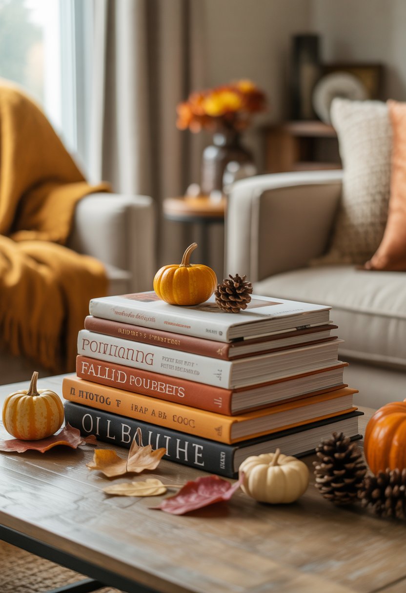 A stack of fall-themed coffee table books on a wooden table surrounded by autumn decorations in a cozy living room.
