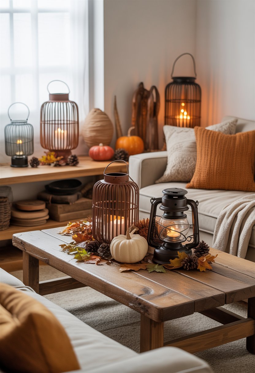 A living room with rustic wooden furniture and lanterns surrounded by fall decorations like pumpkins and dried leaves.