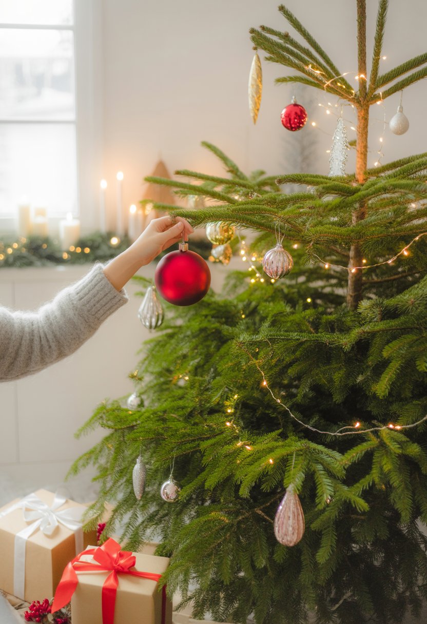 Person decorating a Christmas tree with ornaments and lights in a cozy living room with wrapped presents nearby.