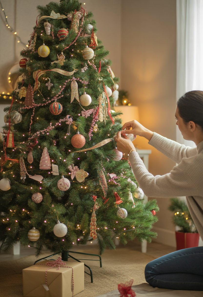 A person adjusting ornaments on a beautifully decorated Christmas tree in a cozy living room.