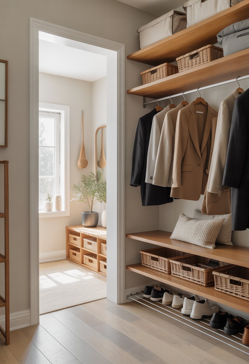 A tidy entryway closet with coats hanging, shoes on racks, and shelves with baskets, illuminated by natural light.