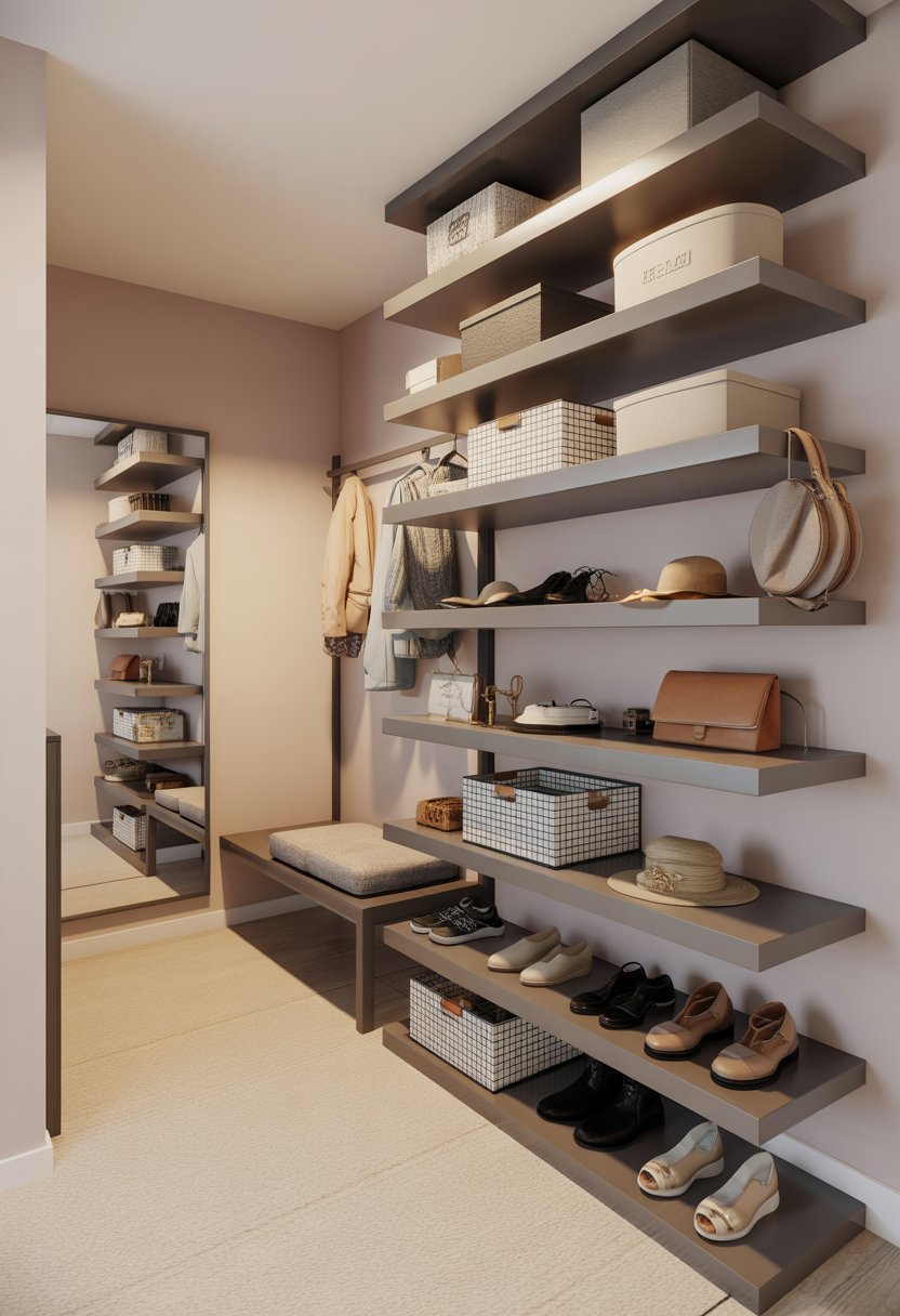 Entryway closet with floor-to-ceiling floating shelves filled with shoes, bags, and storage boxes, a bench nearby, and a full-length mirror on the side.