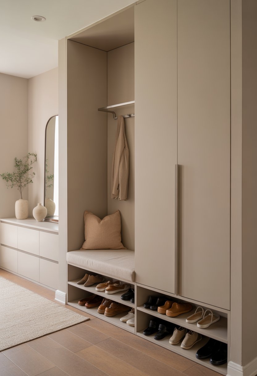 An entryway with a built-in bench that has shoe storage underneath, showing organized shoes and a clean, welcoming space.