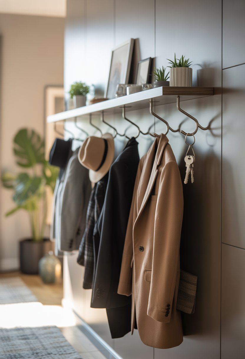 Entryway with wall-mounted coat hooks holding coats and hats, a narrow shelf above with decorative items, and a rug on the floor.