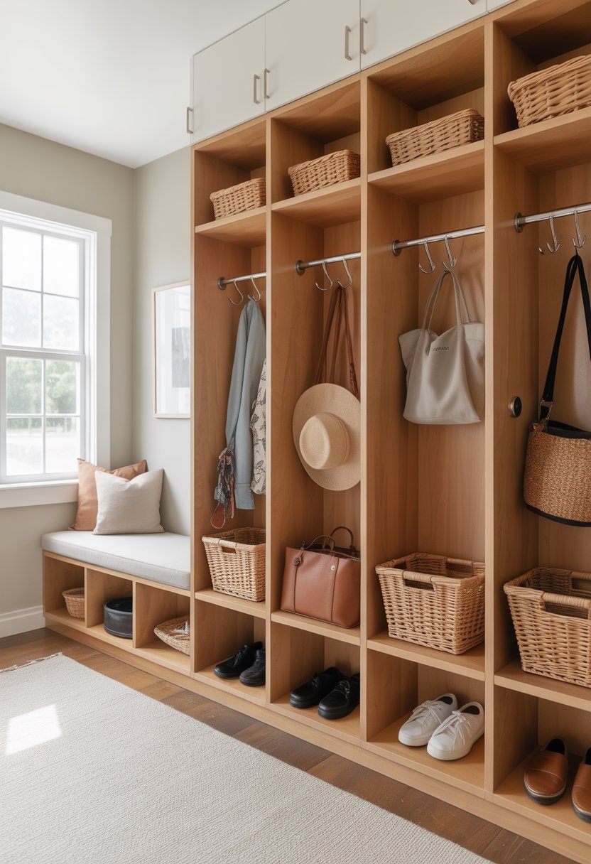 Entryway with open cubbies holding shoes, bags, and daily essentials next to a bench.