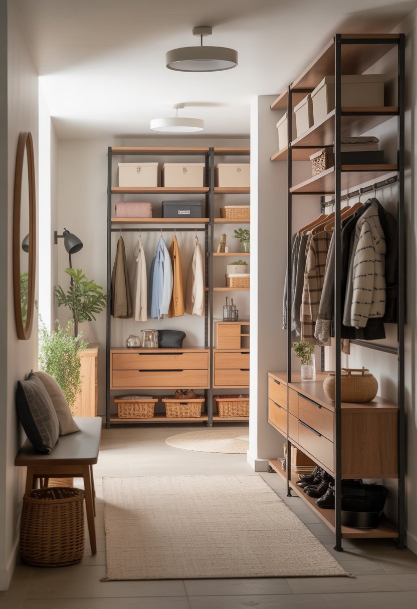 An entryway with a modular closet system featuring shelves, hanging rods, drawers, and shoe racks in a bright, organized hallway.