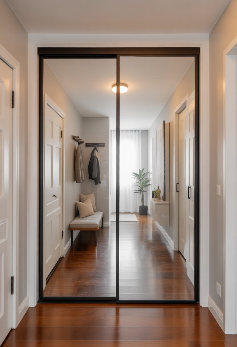 Entryway with mirrored sliding closet doors reflecting the hallway, a small bench, and a potted plant.
