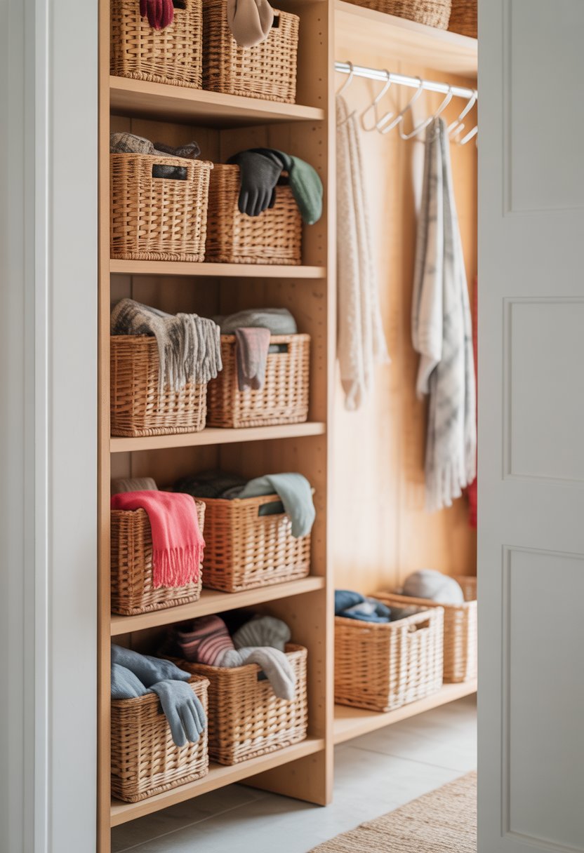 Entryway closet with decorative baskets filled with scarves and gloves organized on wooden shelves.