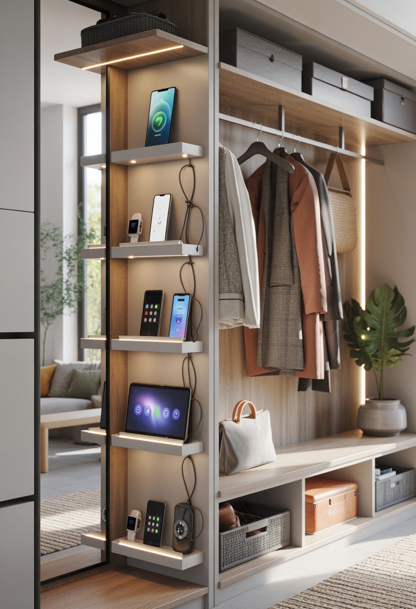 An entryway closet with shelves and hooks, featuring an integrated charging station for electronic devices and neatly organized coats and accessories.