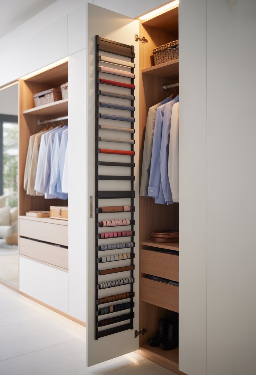 An open entryway closet door with sliding tie and belt organizers holding neatly arranged ties and belts.