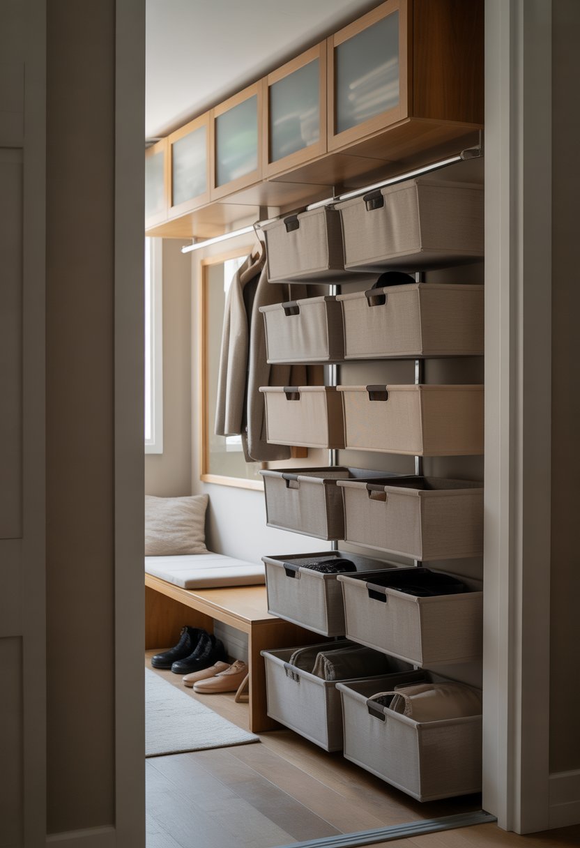An entryway closet with overhead storage bins, a coat rack, shoe storage, and a small bench beneath, all neatly organized.