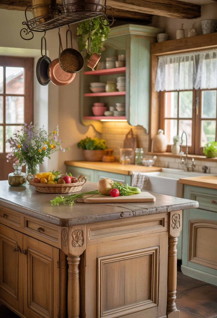 A cozy kitchen island made of rustic wood with a stone countertop, surrounded by cabinets and shelves holding dishes and herbs, with natural light coming through a window.