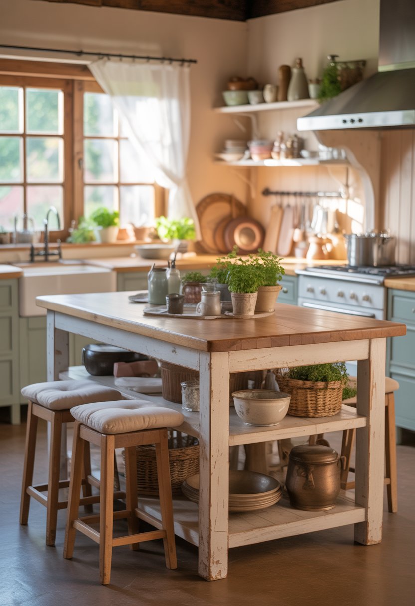 A cozy kitchen with a wooden island, stools, open shelves with kitchenware, and sunlight coming through a window.