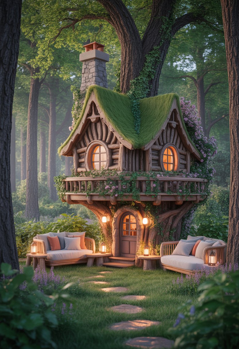 A fairytale cottage treehouse surrounded by tall trees and greenery with cozy seating areas and soft sunlight filtering through the forest.
