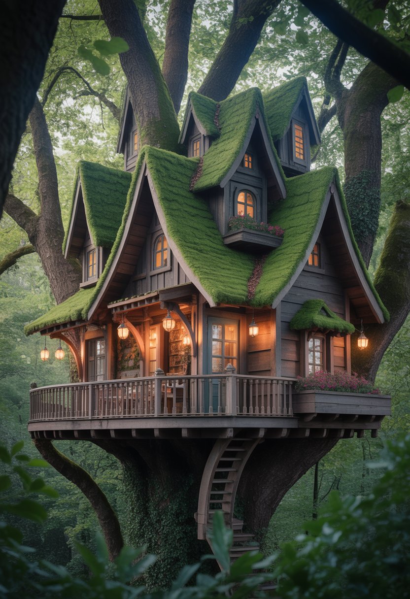 A moss-covered treehouse with multiple rooftops and a lantern-lit balcony surrounded by dense forest trees.