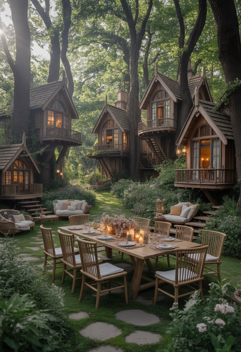 A rustic cottage with several treehouses surrounded by trees, featuring an outdoor dining area with a wooden table and chairs set up for a meal.