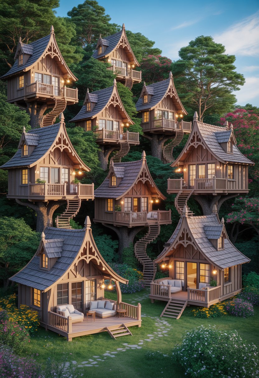 Eight charming cottage treehouses surrounded by trees with private outdoor pavilions and seating areas in a forest setting.