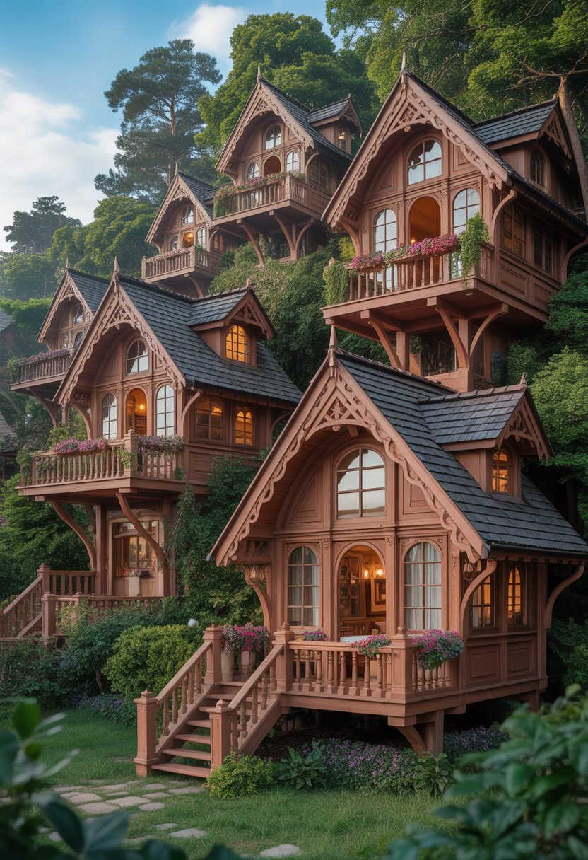 Eight charming cottage-style treehouses nestled among green trees in a forest setting.