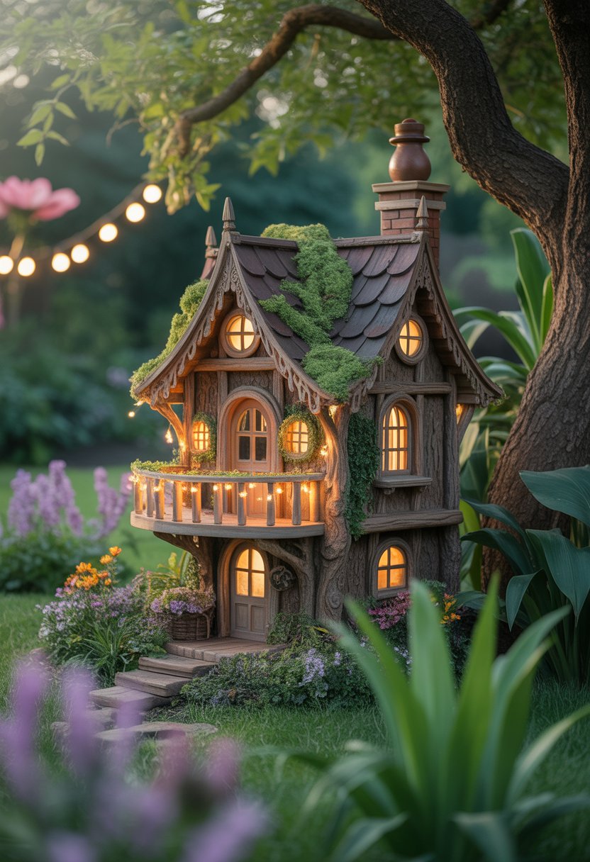 A tiny fairy house with a glowing balcony surrounded by plants and flowers in a garden.
