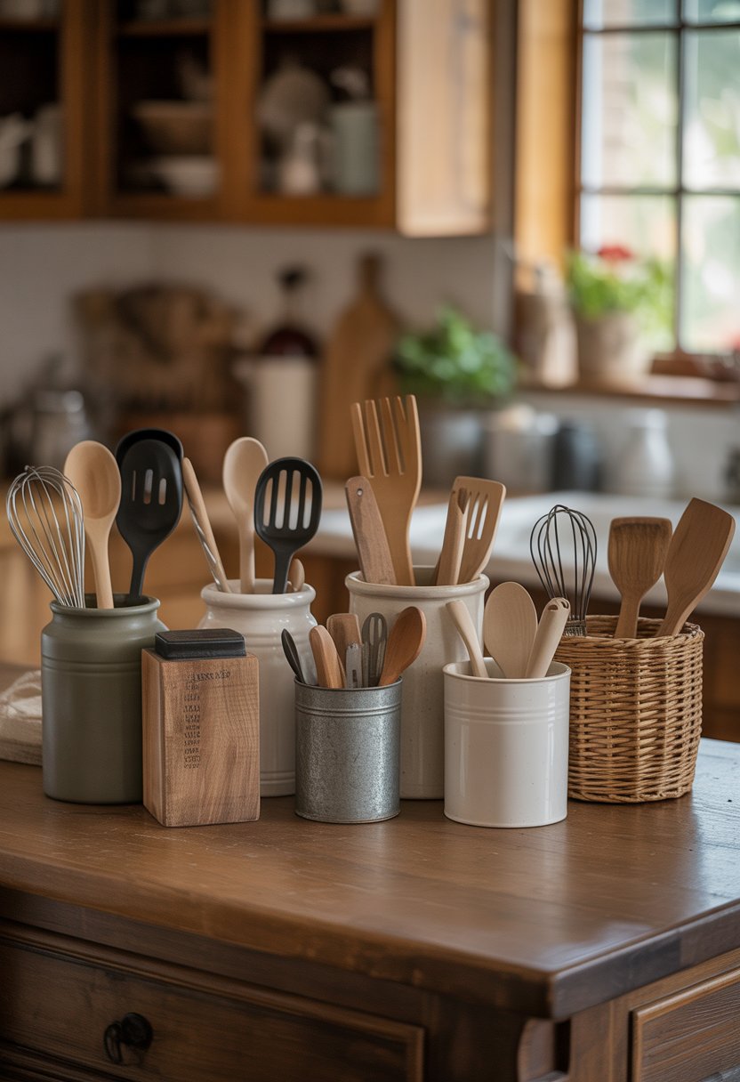 A collection of 15 different utensil holders filled with kitchen utensils arranged on a wooden countertop in a farmhouse kitchen.
