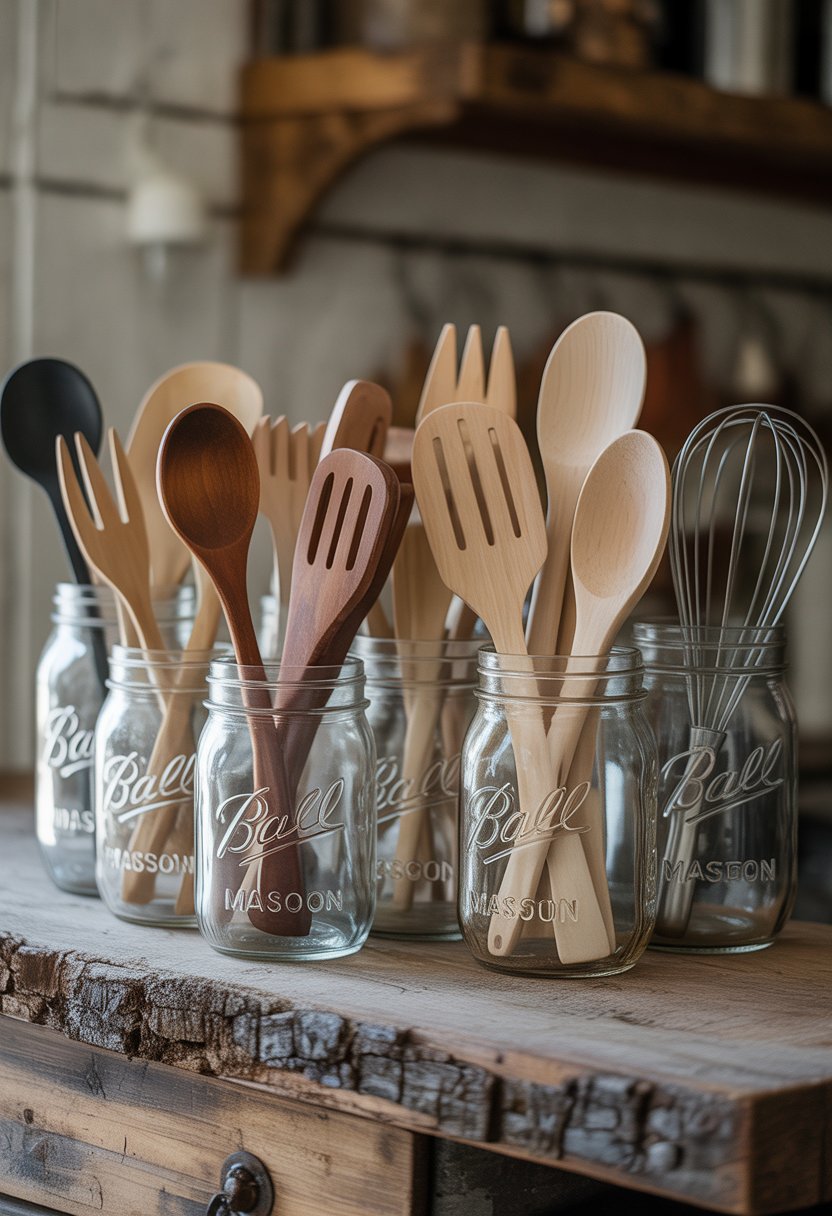 A group of mason jars filled with kitchen utensils arranged on a wooden surface.