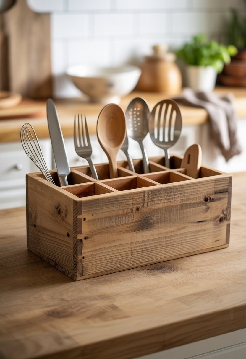 A rustic wooden box with dividers holding various kitchen utensils on a countertop.