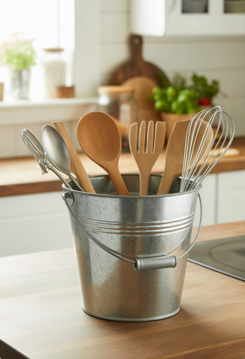 Galvanized metal bucket with handle holding kitchen utensils on a wooden countertop in a farmhouse kitchen.