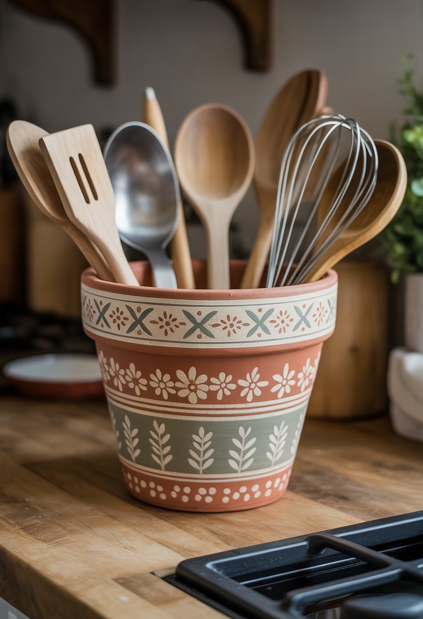 A painted terracotta pot holding various kitchen utensils on a wooden countertop.