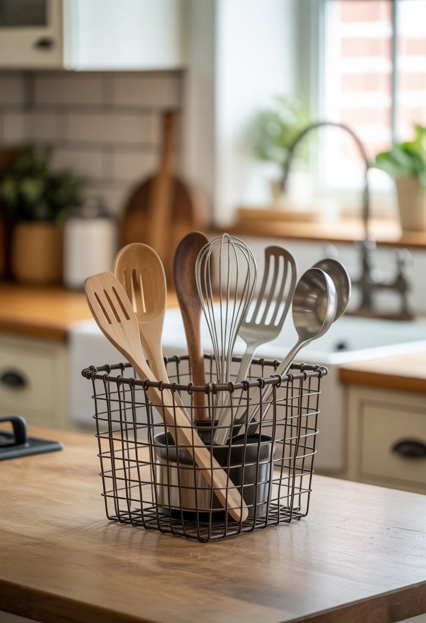 A wire basket utensil holder filled with kitchen utensils on a wooden countertop in a kitchen.