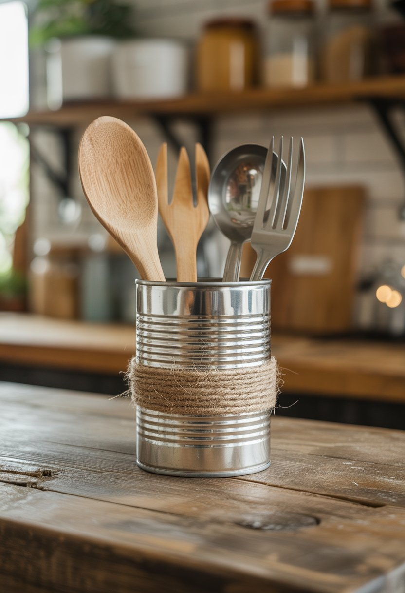 A recycled tin can wrapped with twine holding kitchen utensils on a wooden countertop in a farmhouse kitchen.